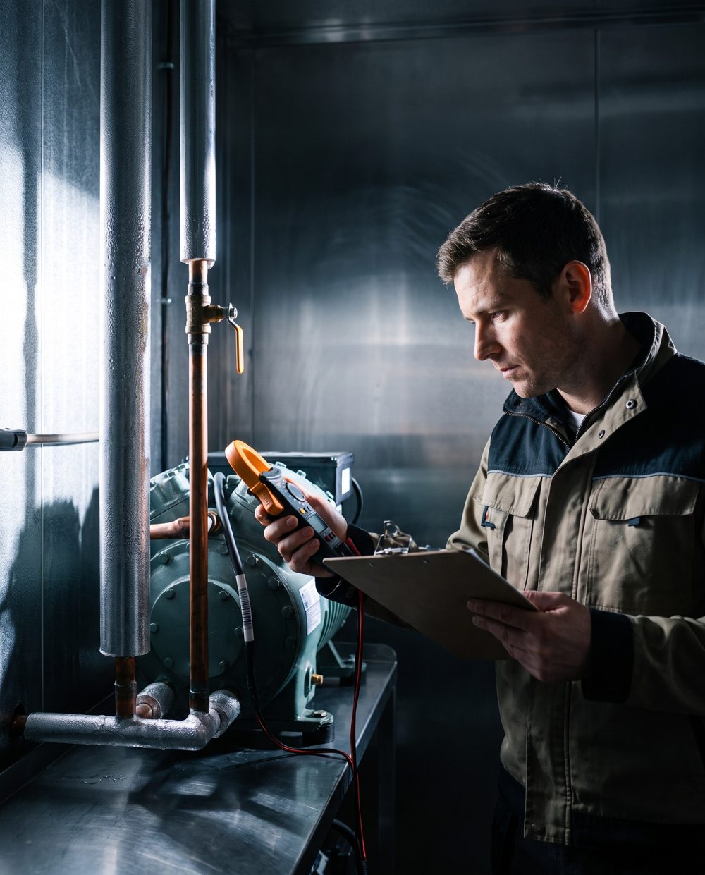 Energieauditor prüft die Kälteanlage eines Betriebs